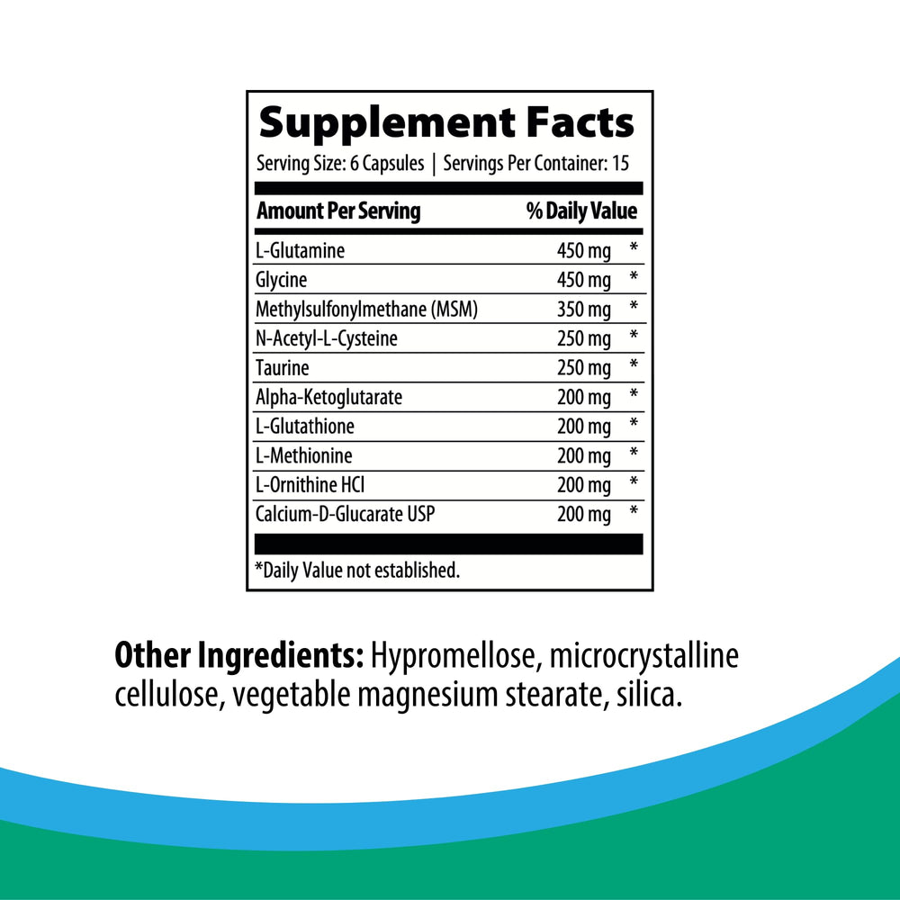 Rootcology Amino Support capsules closeup highlights L-Glutamine, Glycine, and MSM.