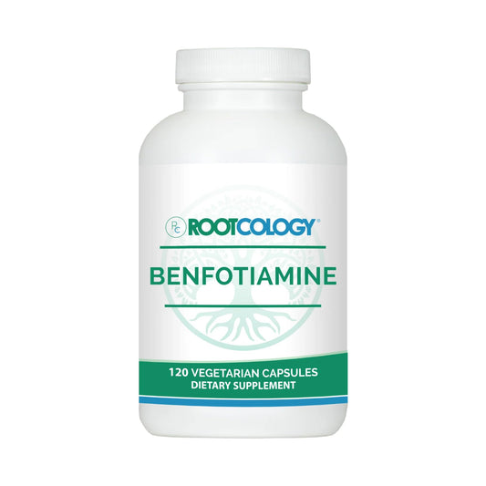 Rootcology Benfotiamine 300mg bottle on a clean surface for daily energy support.