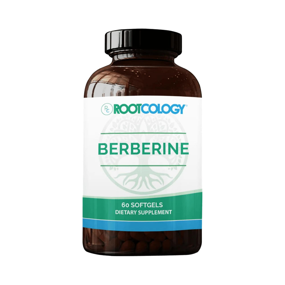 Rootcology Berberine softgel bottle front view for daily wellness support.