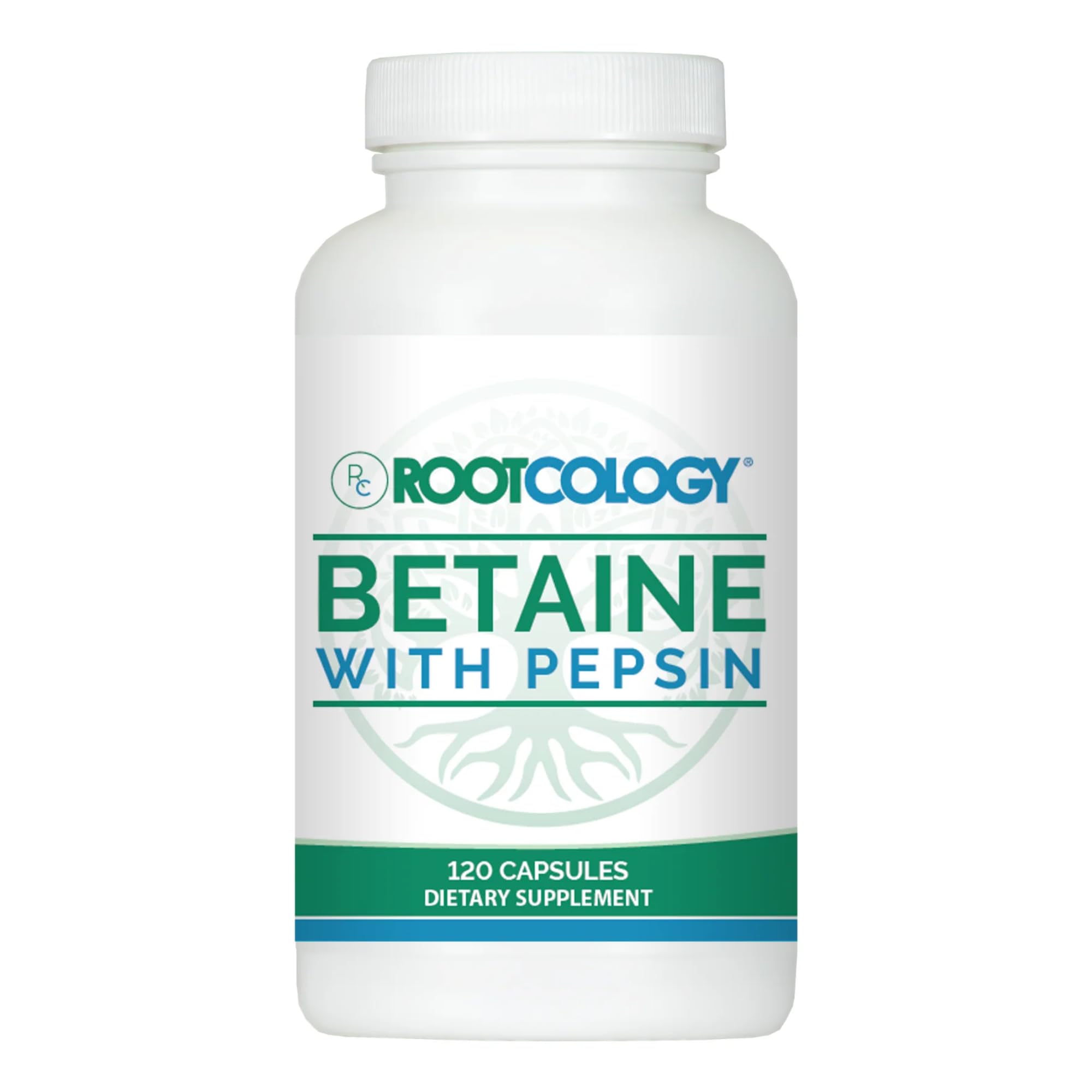 Rootcology Betaine with Pepsin bottle demonstrating protein-friendly digestion support