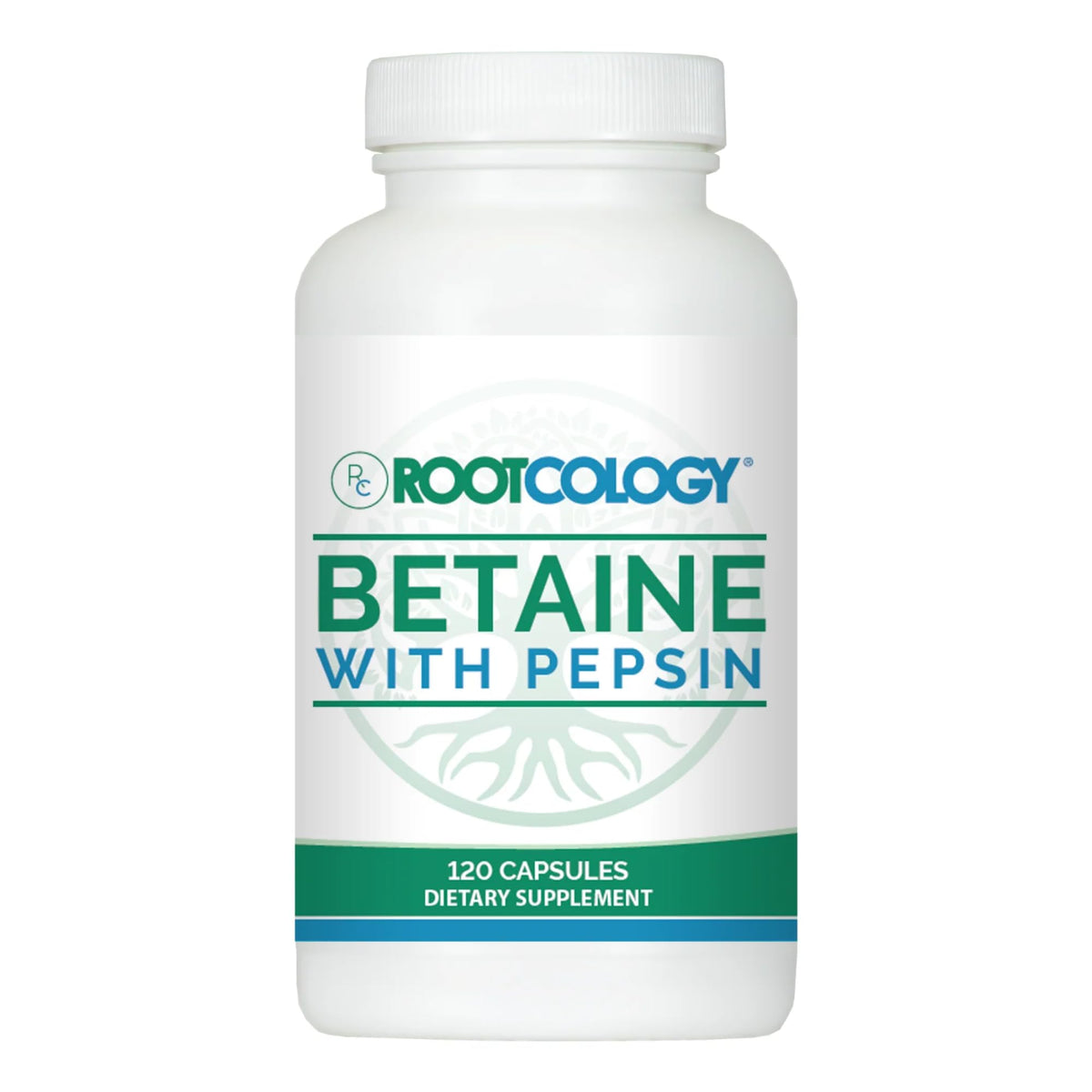 Rootcology Betaine with Pepsin bottle demonstrating protein-friendly digestion support