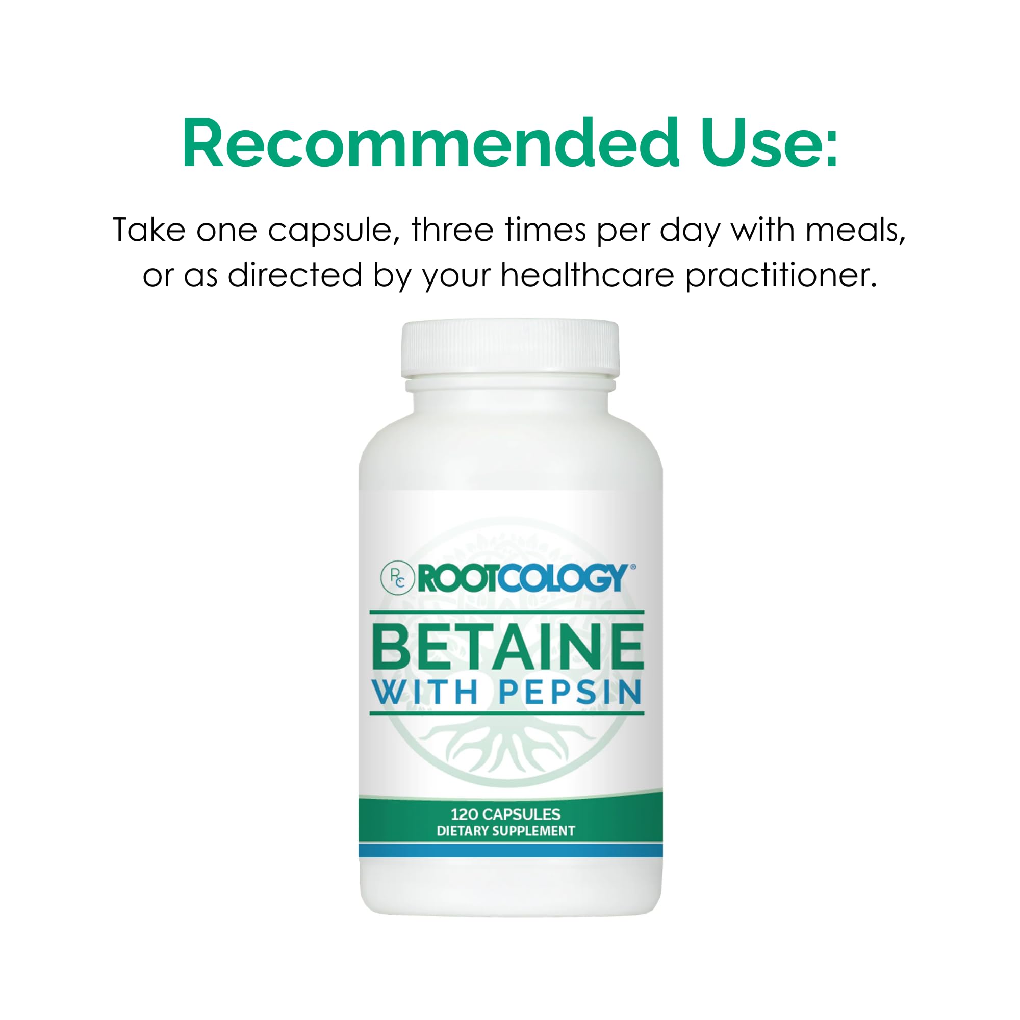 Rootcology Betaine with Pepsin packaging displayed for easy daily use