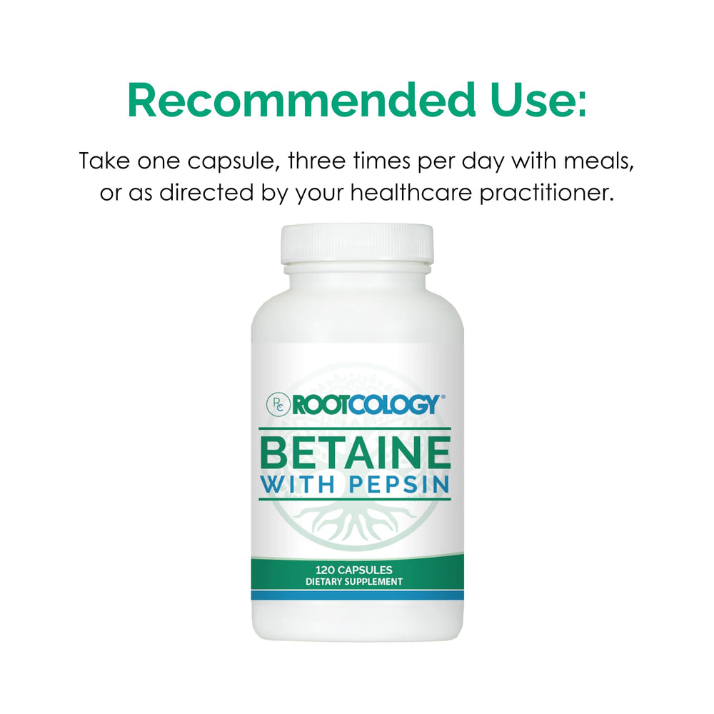 Rootcology Betaine with Pepsin packaging displayed for easy daily use