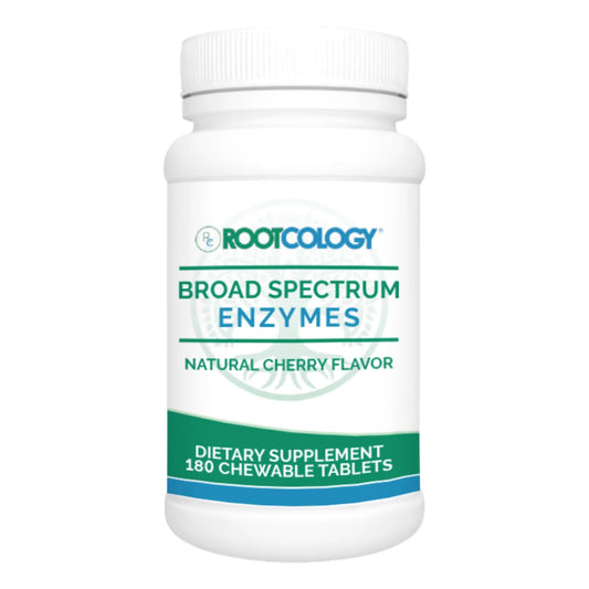 Rootcology Broad Spectrum Enzymes chewable tablets bottle - easy daily digest support and nutrient utilization.