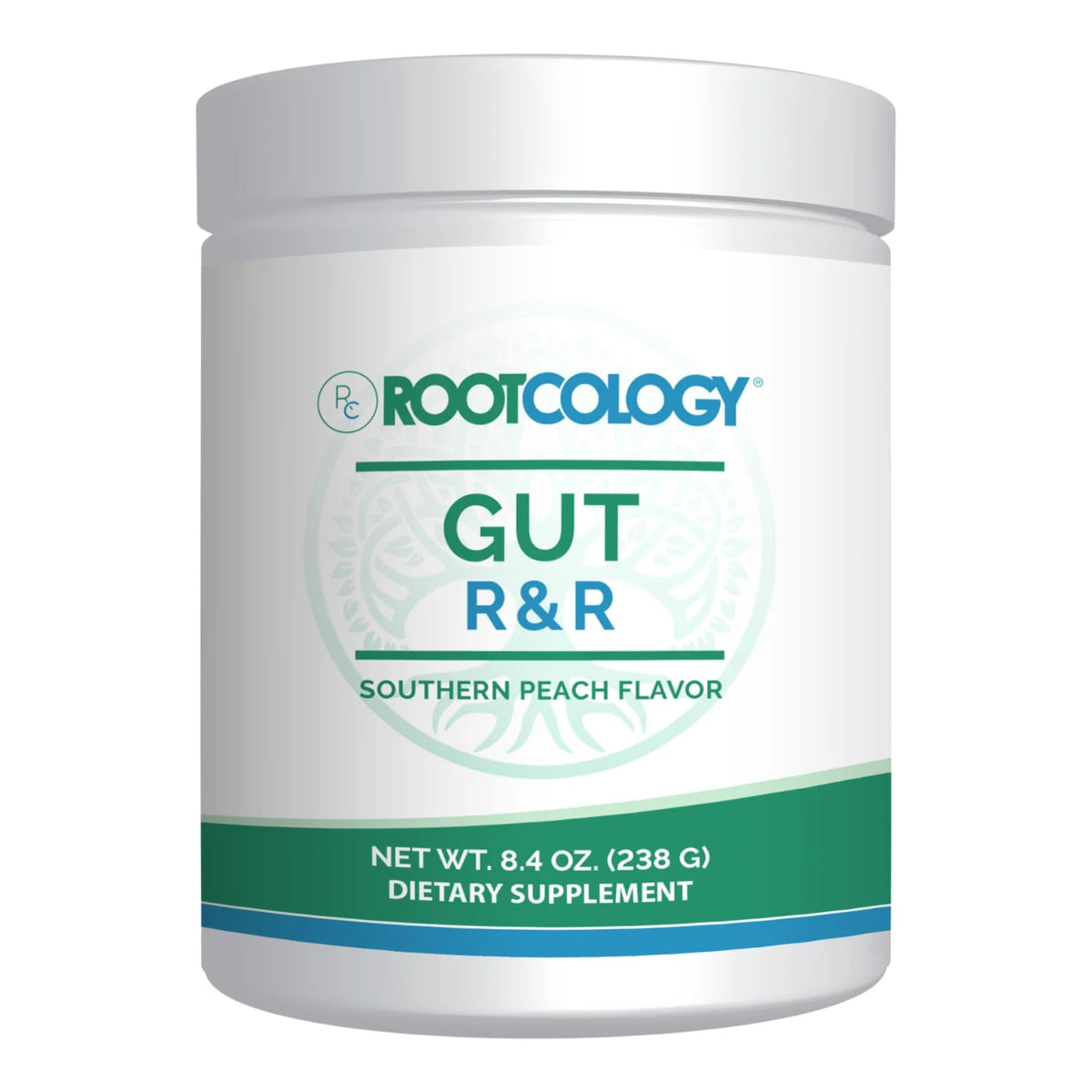 Rootcology Gut R&R Southern Peach bottle, convenient daily digestive support.