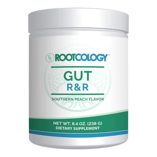 Rootcology Gut R&R Southern Peach bottle, convenient daily digestive support.