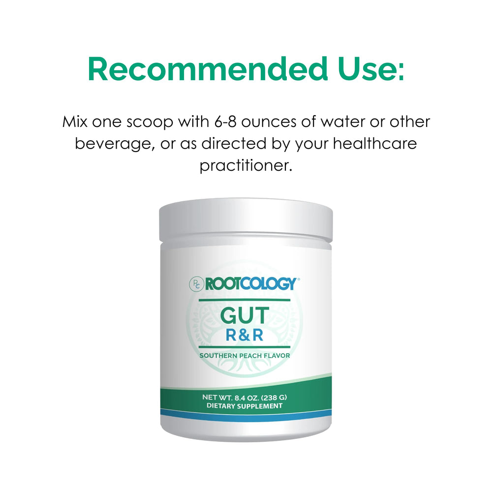 Rootcology Gut R&R Southern Peach container shown on shelf for easy access.
