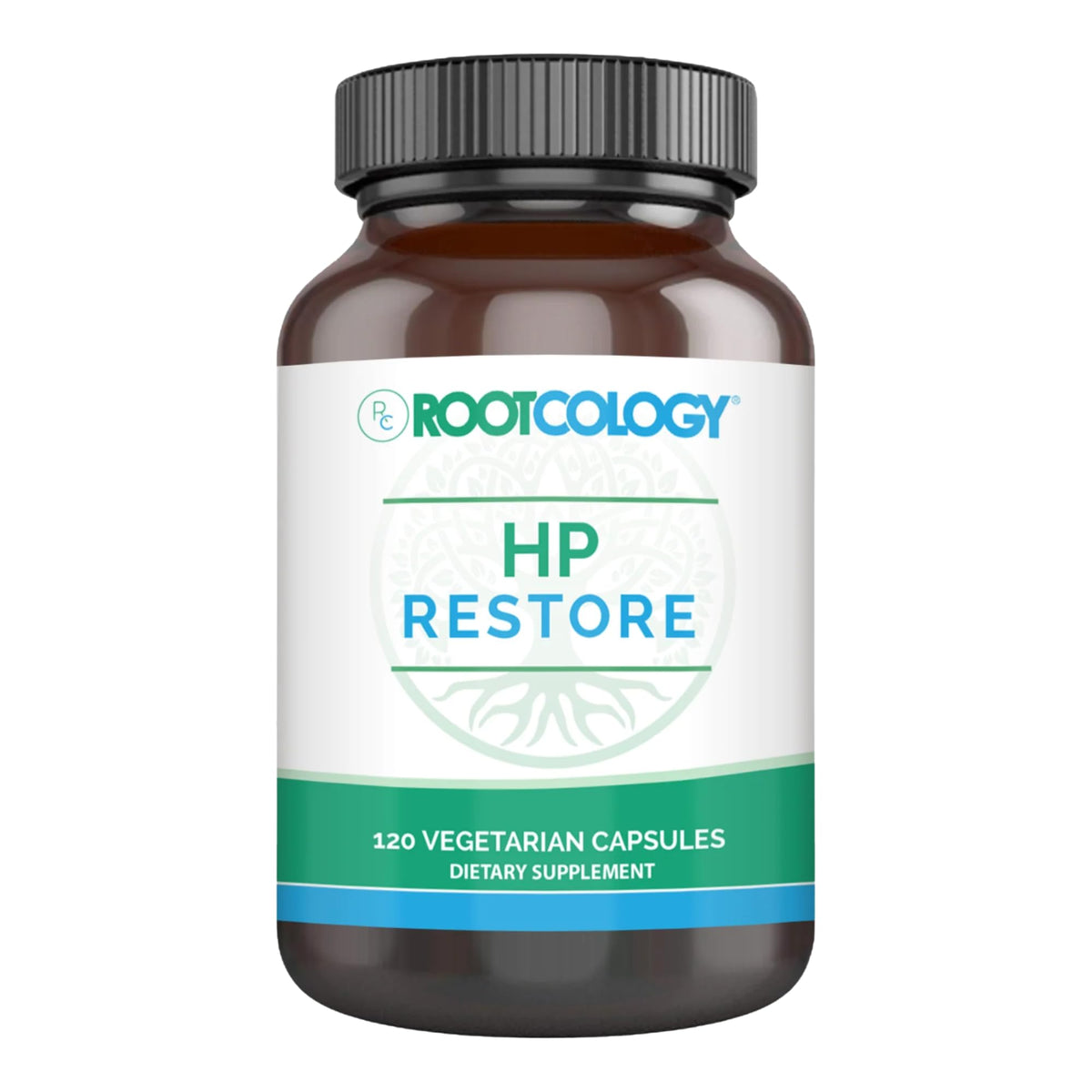 Rootcology HP Restore bottle front shows clean packaging for digestive support.