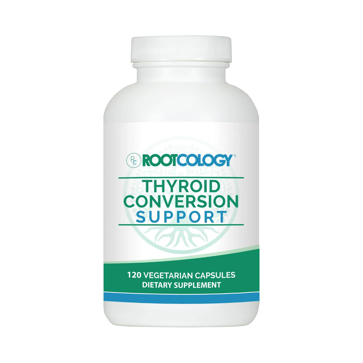 Rootcology thyroid conversion bottle displaying supplement for balanced thyroid support.