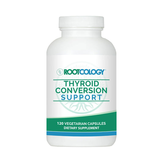 Rootcology thyroid conversion bottle displaying supplement for balanced thyroid support.