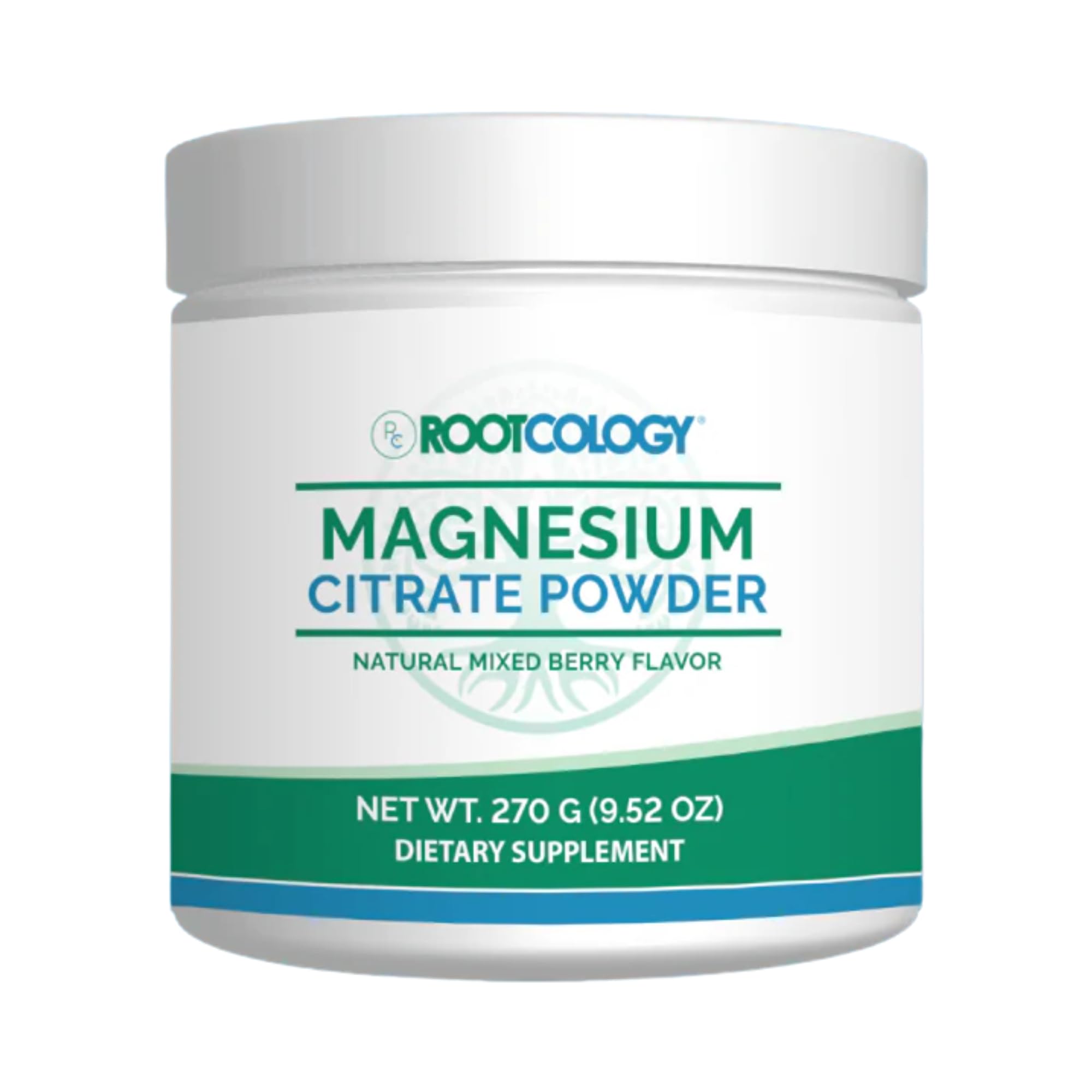 Rootcology magnesium citrate powder bottle showing convenient 270 g container for daily relaxation and regularity support.