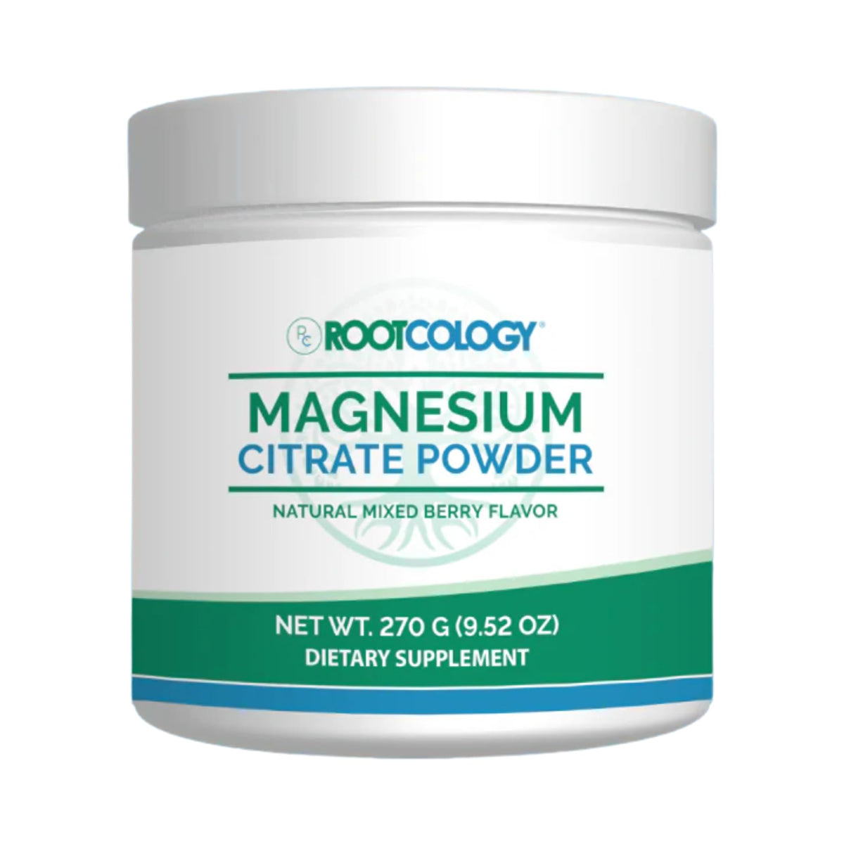 Rootcology magnesium citrate powder bottle showing convenient 270 g container for daily relaxation and regularity support.