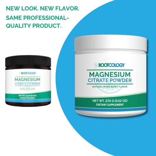 Rootcology magnesium citrate powder label closeup highlighting 300 mg magnesium per serving for mineral balance.