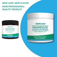 Rootcology magnesium citrate powder label closeup highlighting 300 mg magnesium per serving for mineral balance.
