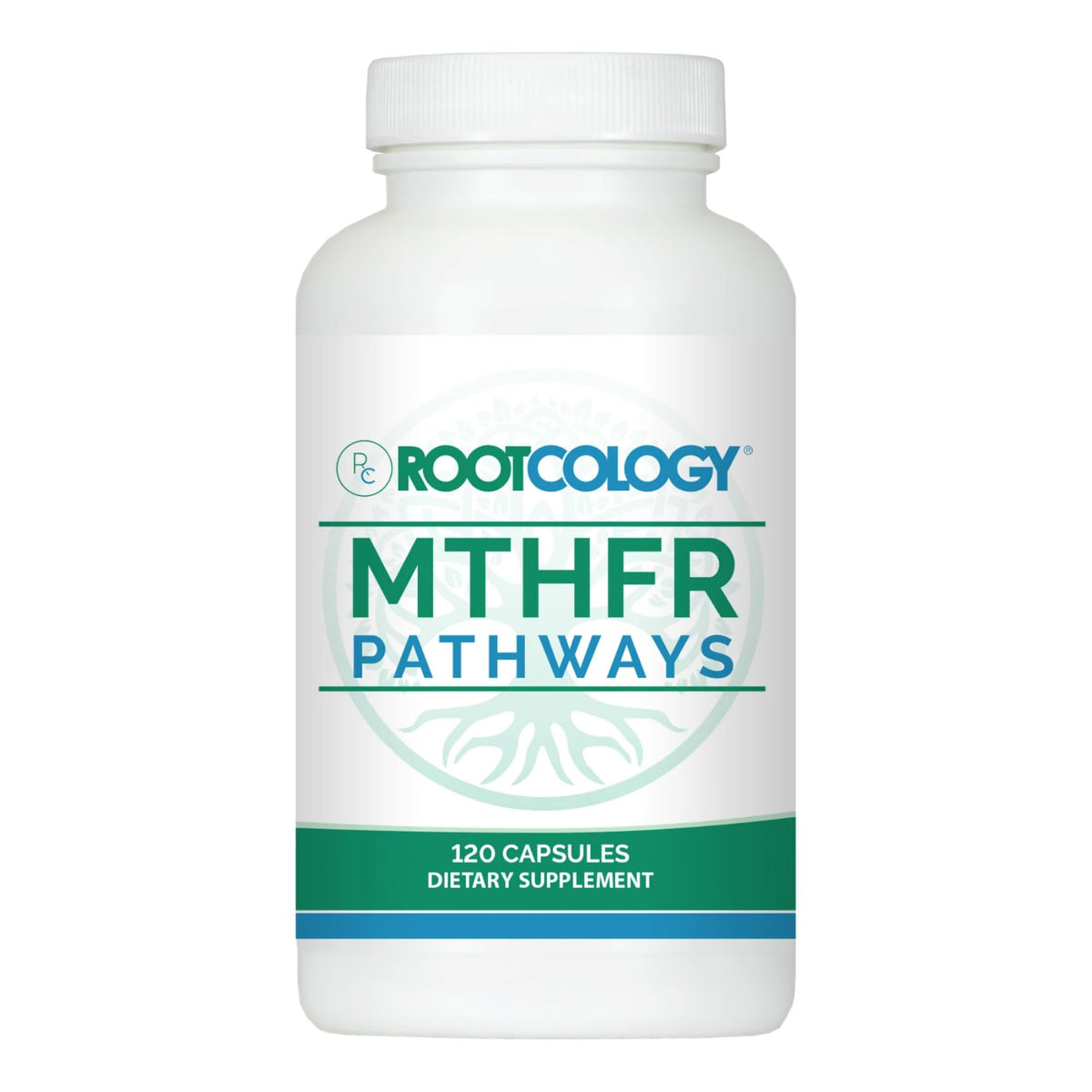 Rootcology MTHFR Pathways bottle showing compact daily supplement form and branding