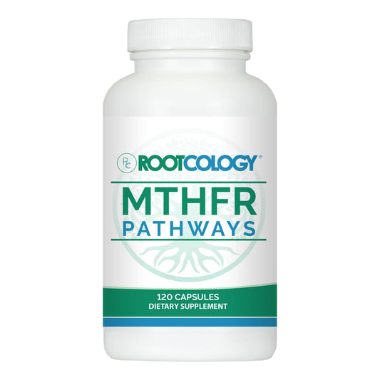 Rootcology MTHFR Pathways bottle showing compact daily supplement form and branding