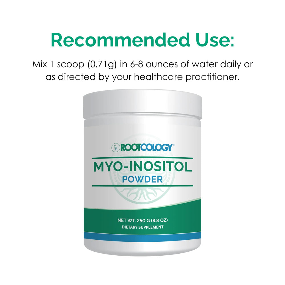 Rootcology Myo-Inositol powder serving-size visual with a small scoop.