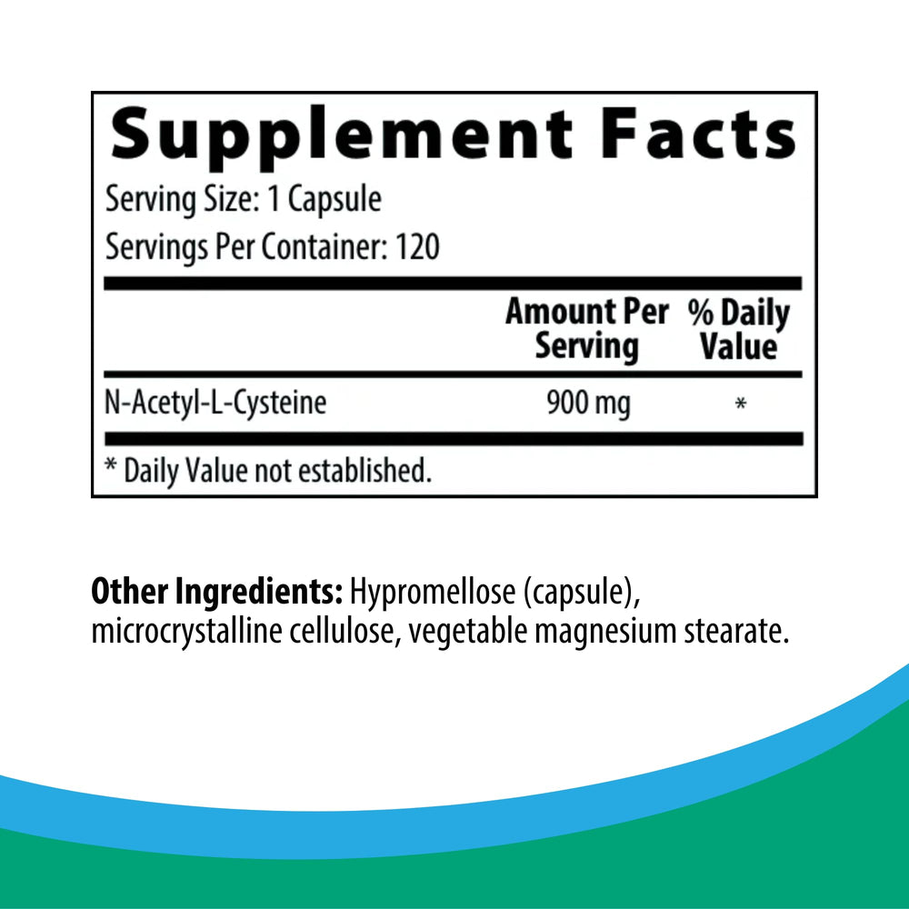 Rootcology NAC label closeup highlights 900 mg capsules and pure ingredients.