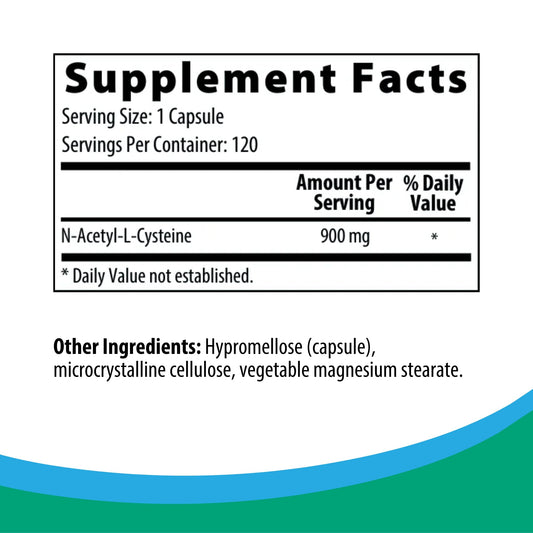 Rootcology NAC label closeup highlights 900 mg capsules and pure ingredients.