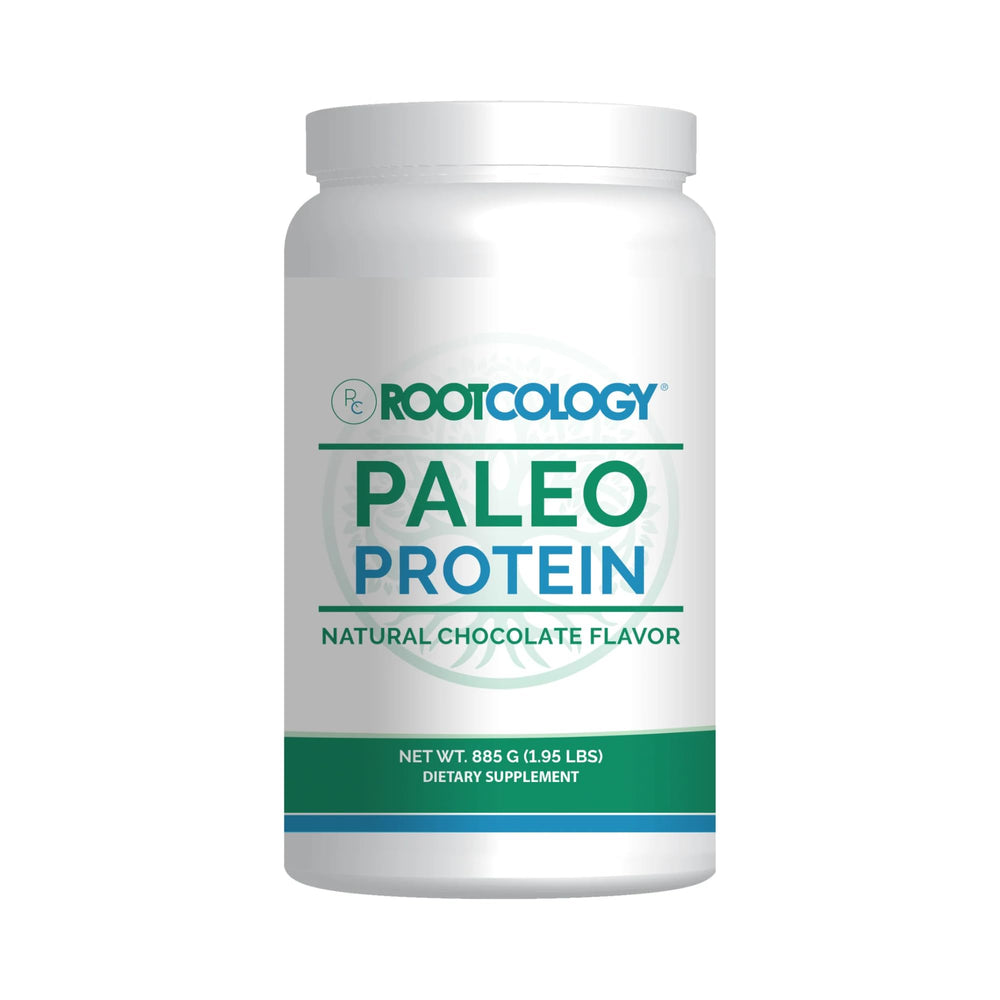 Rootcology Paleo Protein chocolate tub with hydrolyzed beef protein for daily nutrition