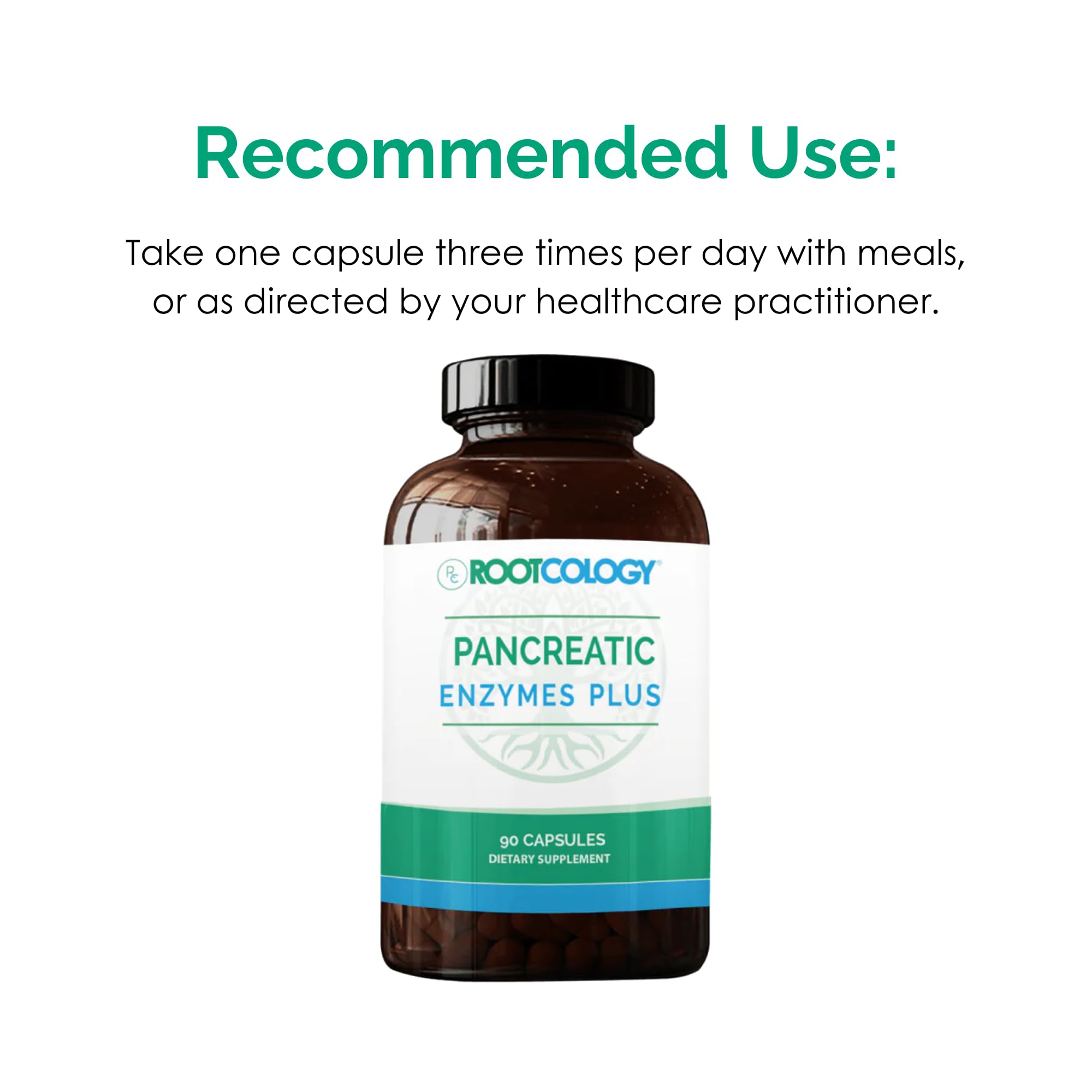 Dairy-free and gluten-free Rootcology Pancreatic Enzymes Plus packaging.