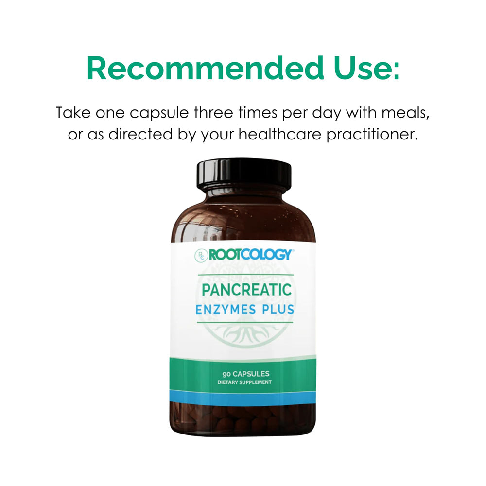 Dairy-free and gluten-free Rootcology Pancreatic Enzymes Plus packaging.