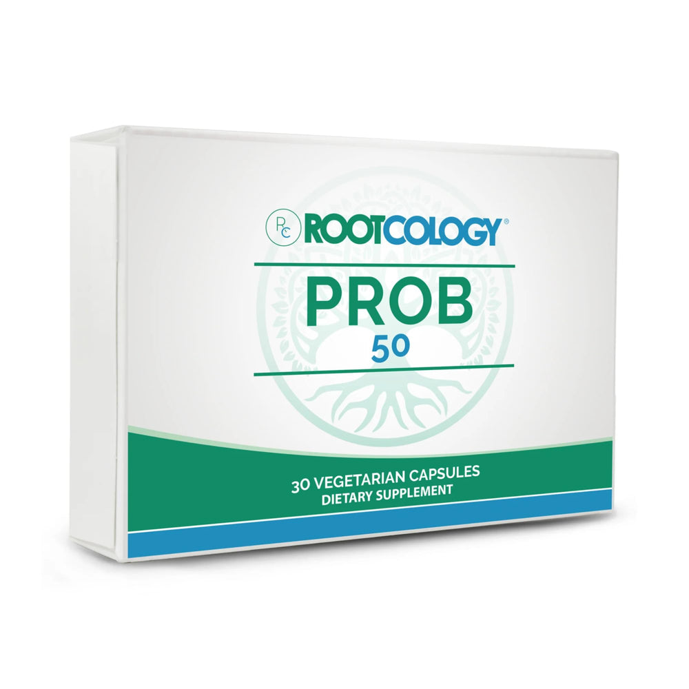 Rootcology ProB 50 bottle front displaying 18 probiotic strains for gut balance.