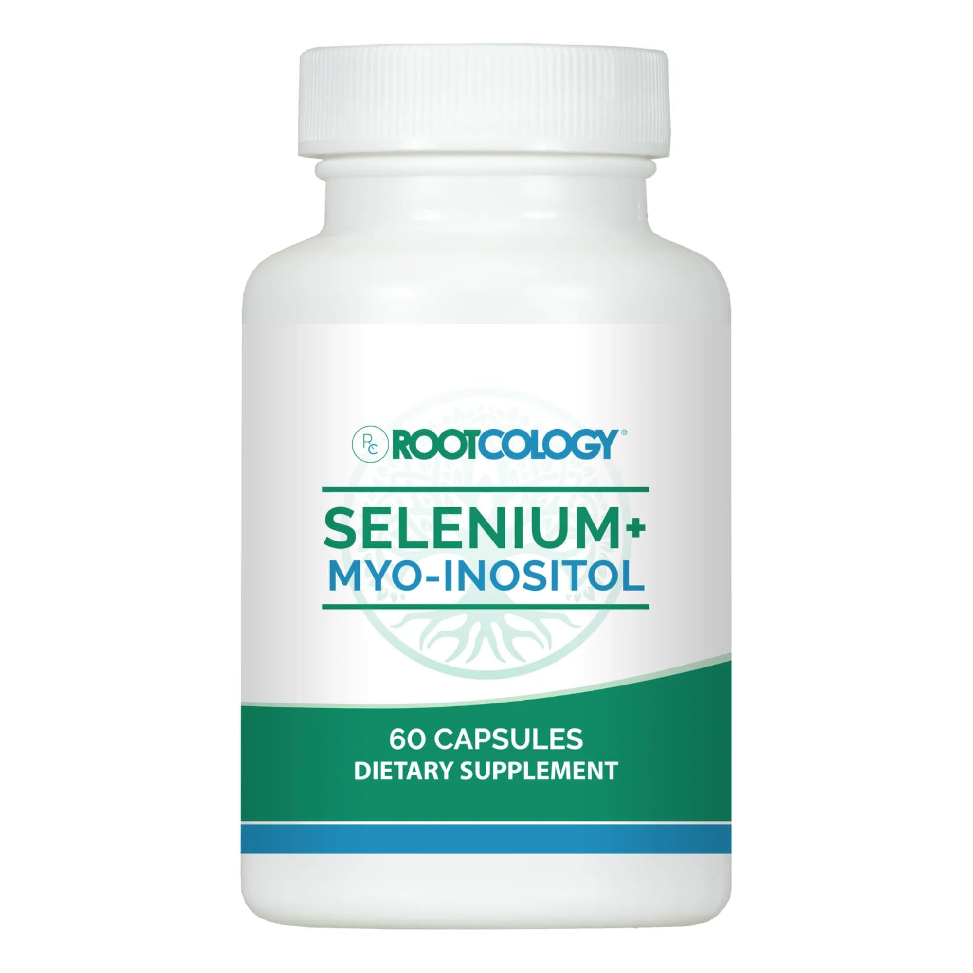 Rootcology Selenium + Myo-Inositol bottle front supports hormone balance and immune health.