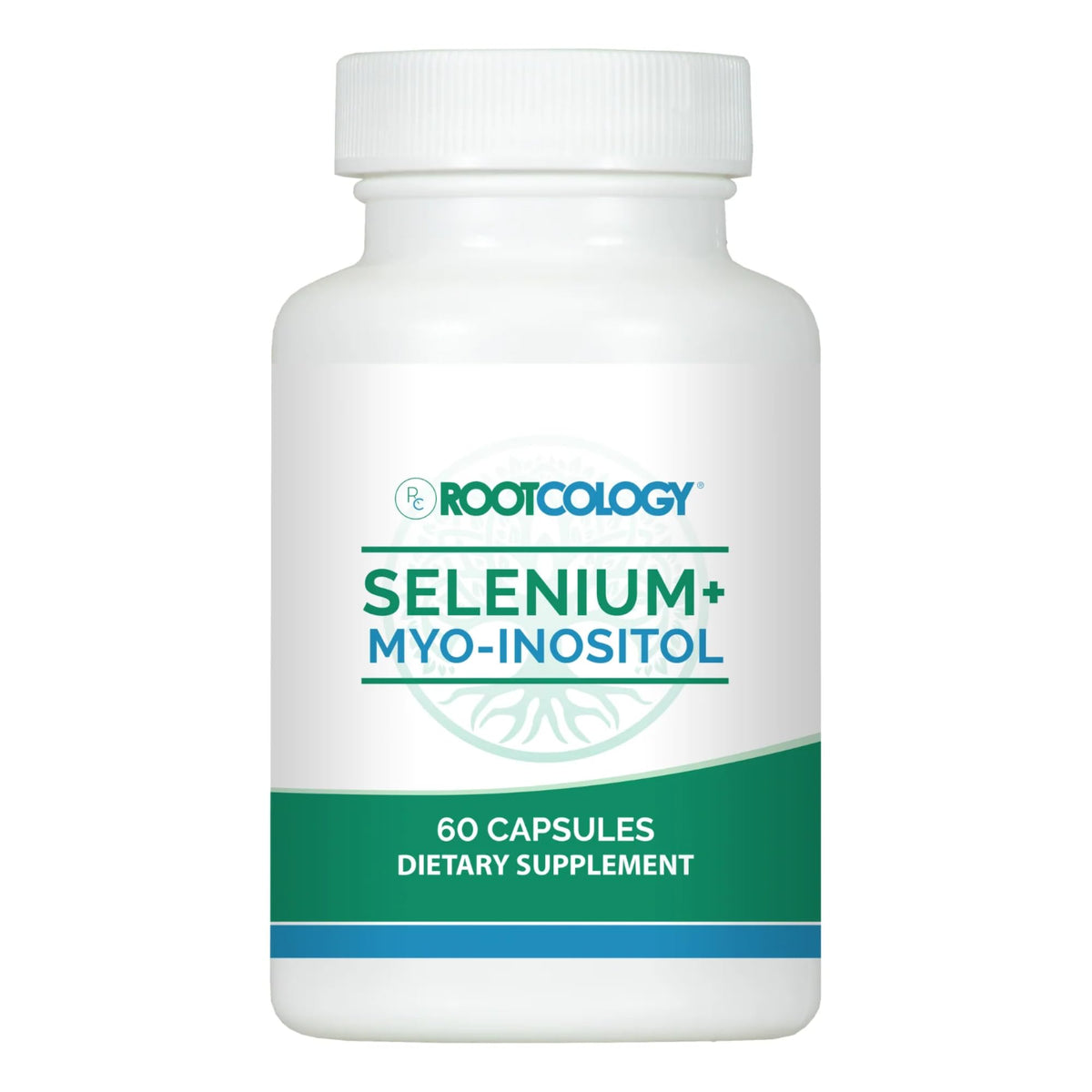 Rootcology Selenium + Myo-Inositol bottle front supports hormone balance and immune health.