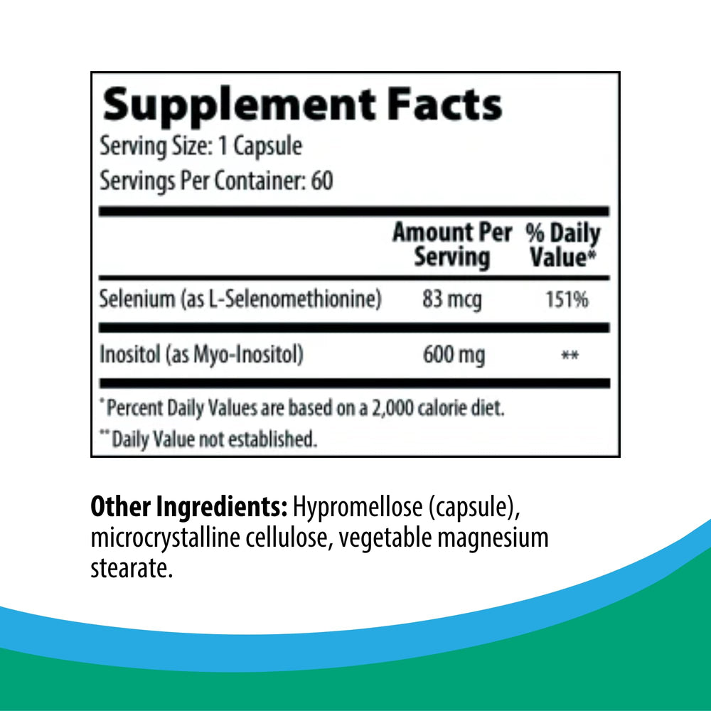 Rootcology Selenium + Myo-Inositol bottle side highlights allergen-free formulation.