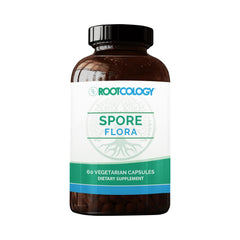 Rootcology Spore Flora bottle label highlights five Bacillus strains for balanced digestion.