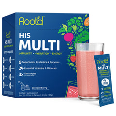 Root'd multivitamin powder bottle on kitchen counter for everyday nutrition