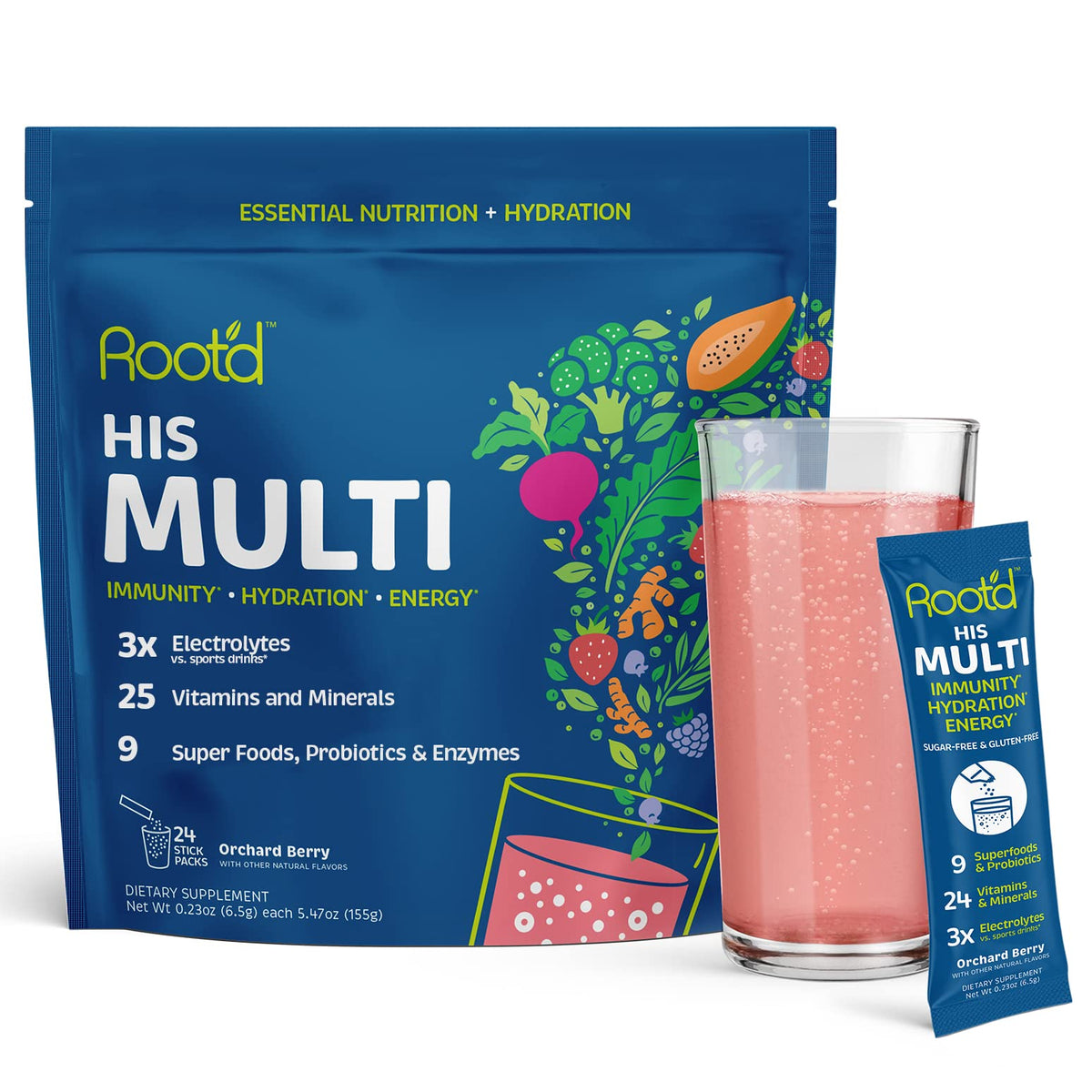 Root'd Multivitamin Powder bottle pouring into glass for daily hydration.