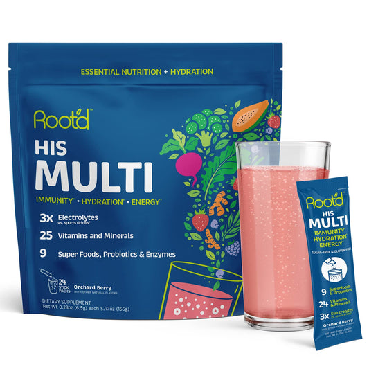 Root'd Multivitamin Powder bottle pouring into glass for daily hydration.