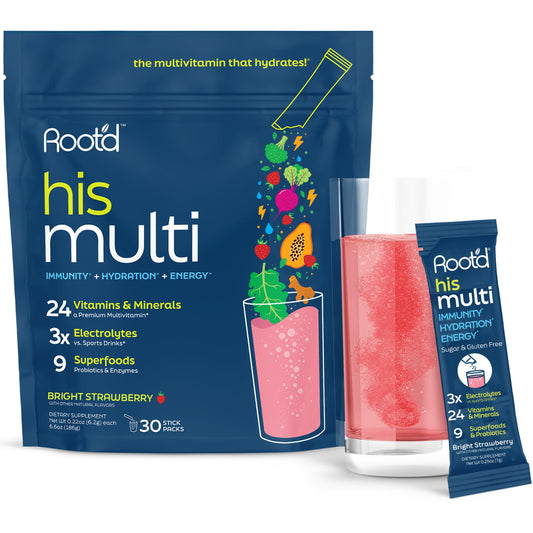 Root'd multivitamin powder bottle on counter highlighting easy daily hydration and nutrition on the go
