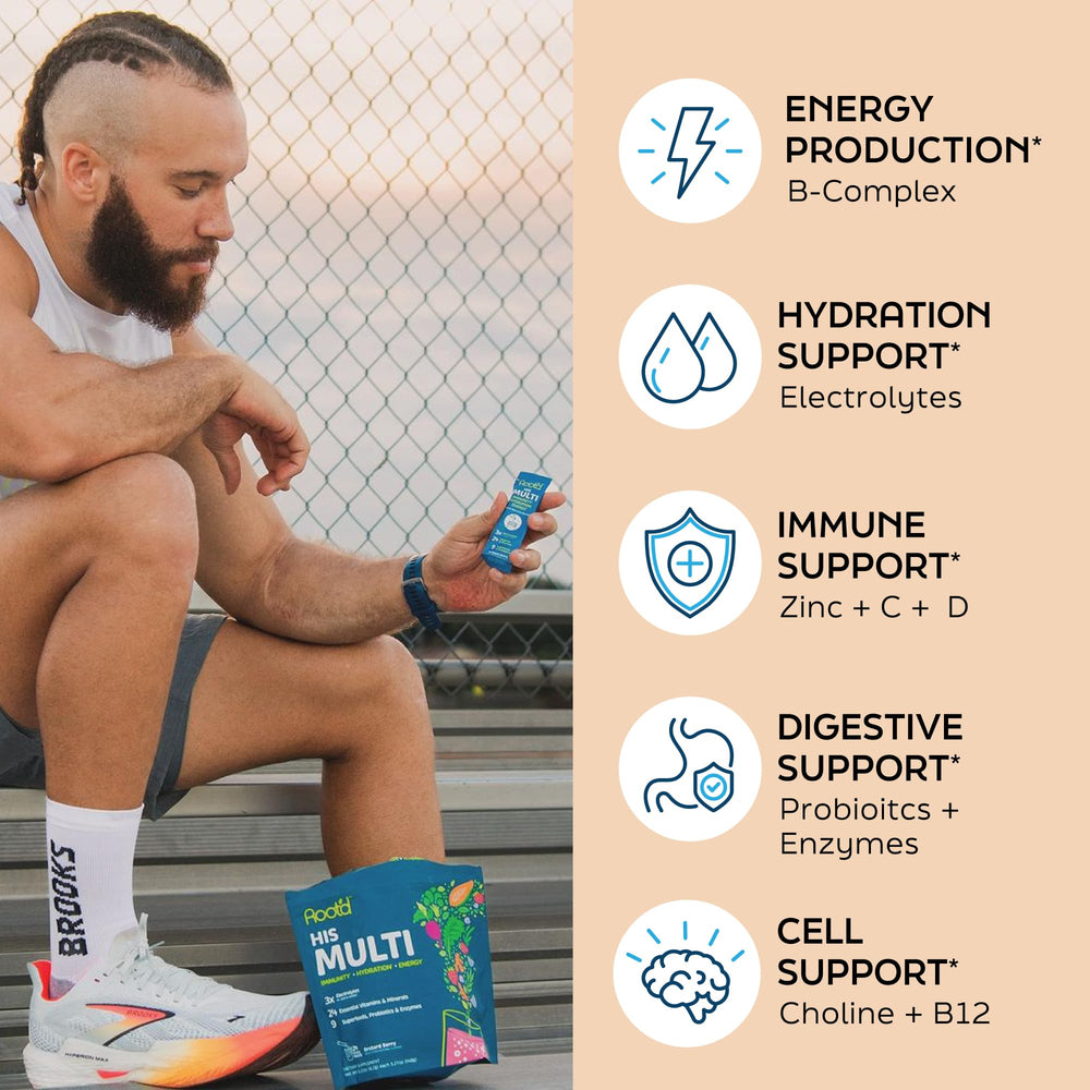 Root'd multivitamin powder dissolving in a clear beverage emphasizing sugar-free formula and flavor