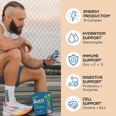 Root'd multivitamin powder dissolving in a clear beverage emphasizing sugar-free formula and flavor
