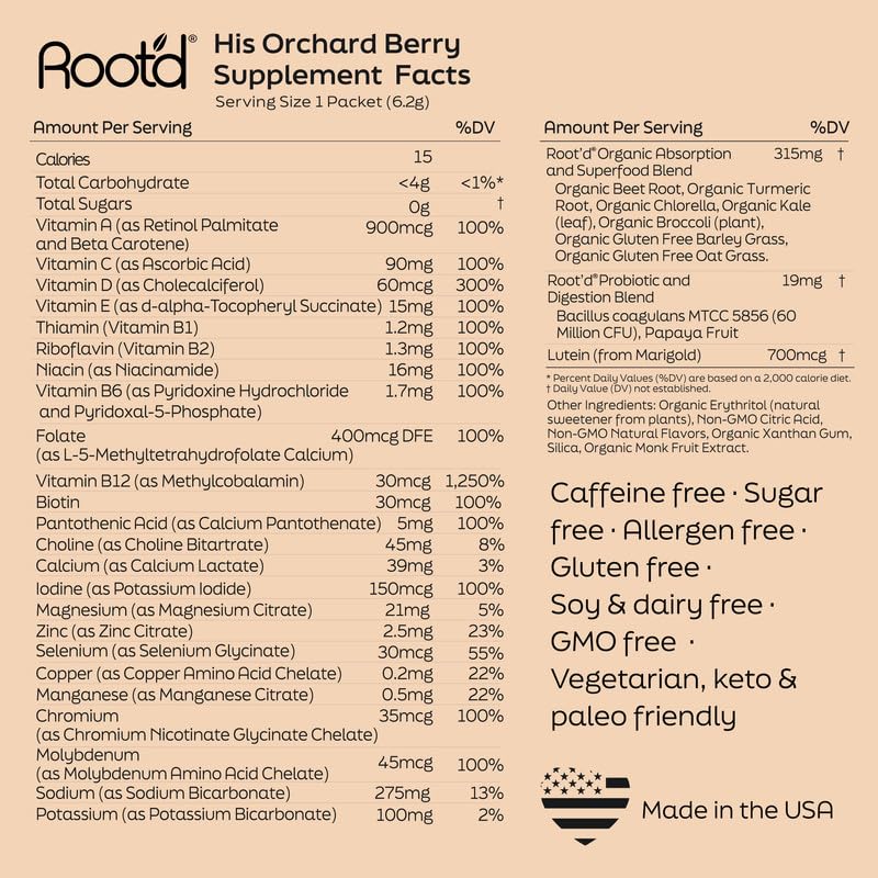 Root'd label close-up confirms sugar-free and allergen-free claims.
