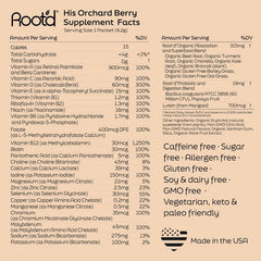 Root'd label close-up confirms sugar-free and allergen-free claims.