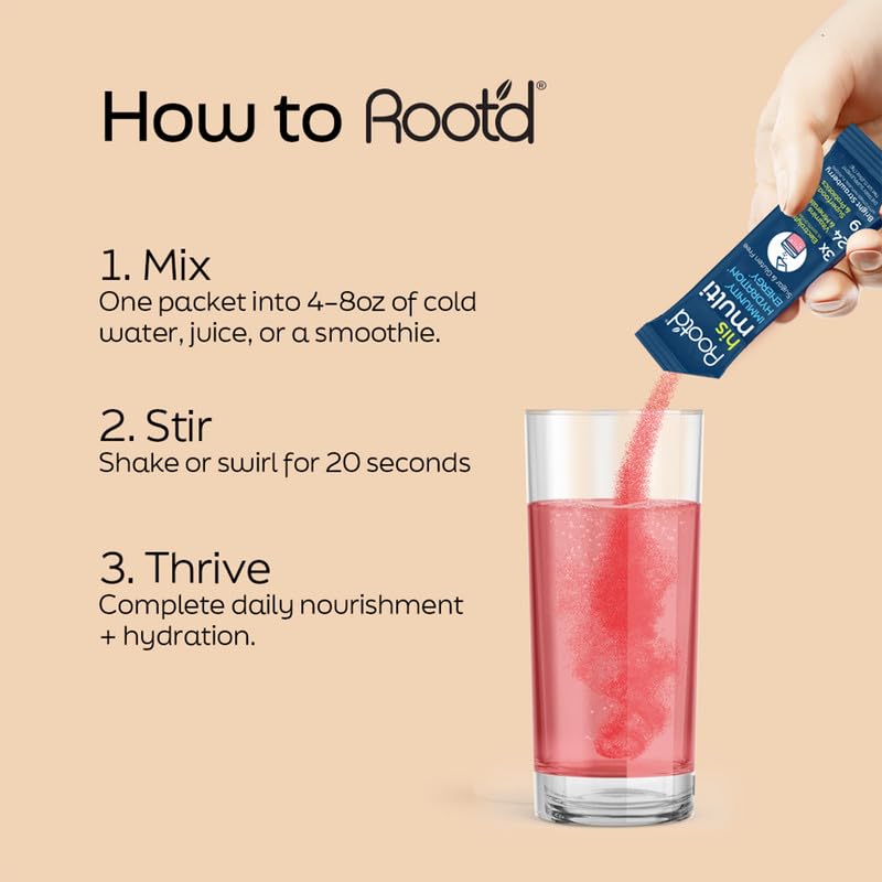 Root'd powder and scoop illustrate a convenient daily serving for busy mornings.
