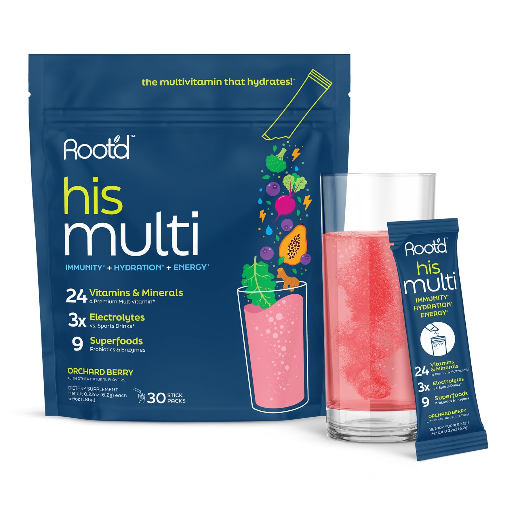 Root'd multivitamin powder for men packaging on a clean counter highlights a sugar-free formula.