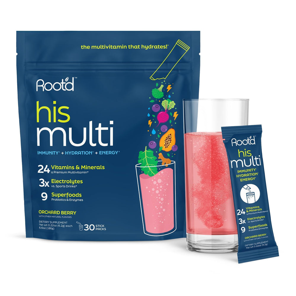 Root'd multivitamin powder for men packaging on a clean counter highlights a sugar-free formula.