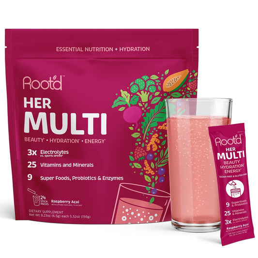 Root'd multivitamin powder for women packets showing convenient daily nutrition options.