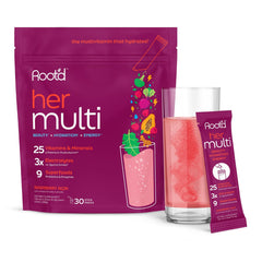 Root'd multivitamin powder in a tub showcasing packaging for daily wellness