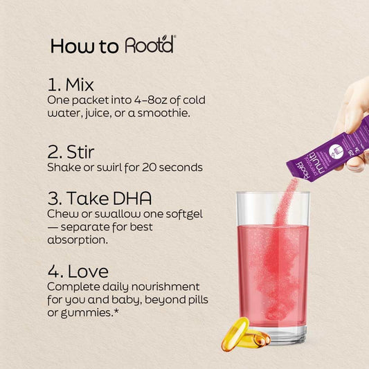 Root'd Prenatal DHA bottle closeup highlighting vegan formula