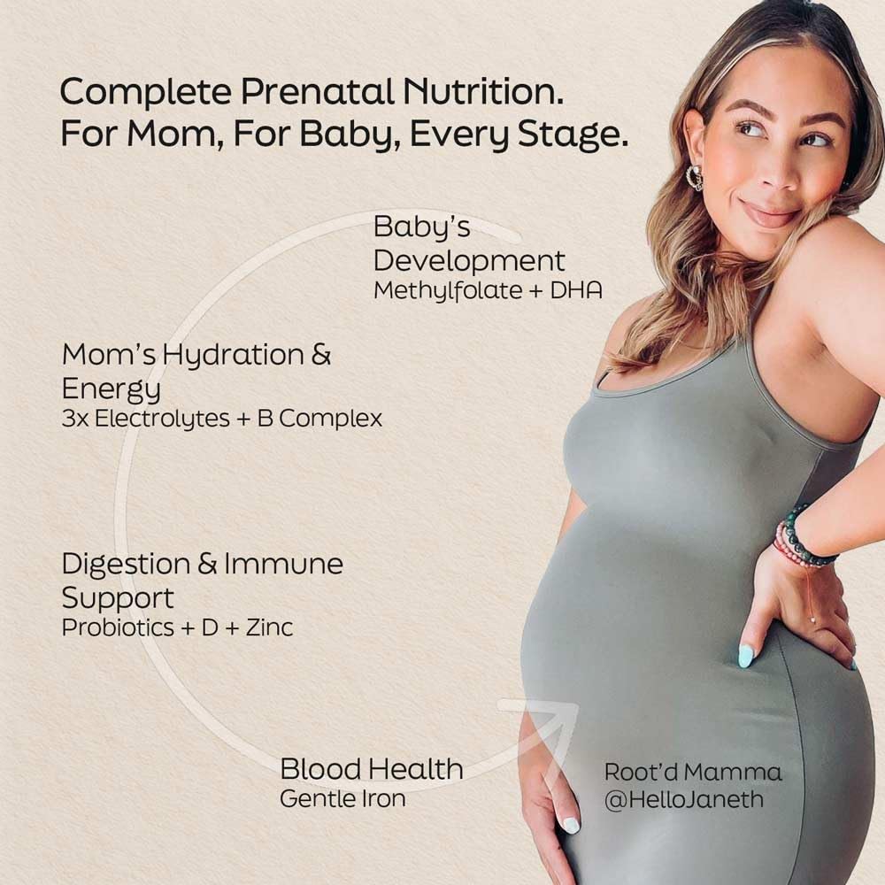 Root'd Prenatal DHA powder scoop ready to mix with beverage