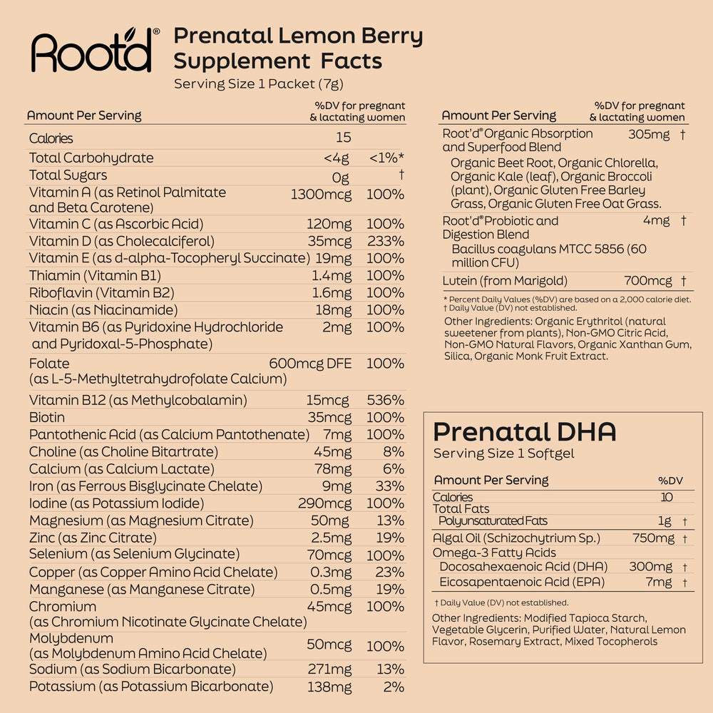 Root'd Prenatal duo on kitchen counter showing hydration and vitamins