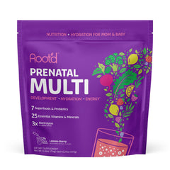 Root'd Prenatal Multivitamin Powder bottle label highlighting essential nutrients for mom and baby