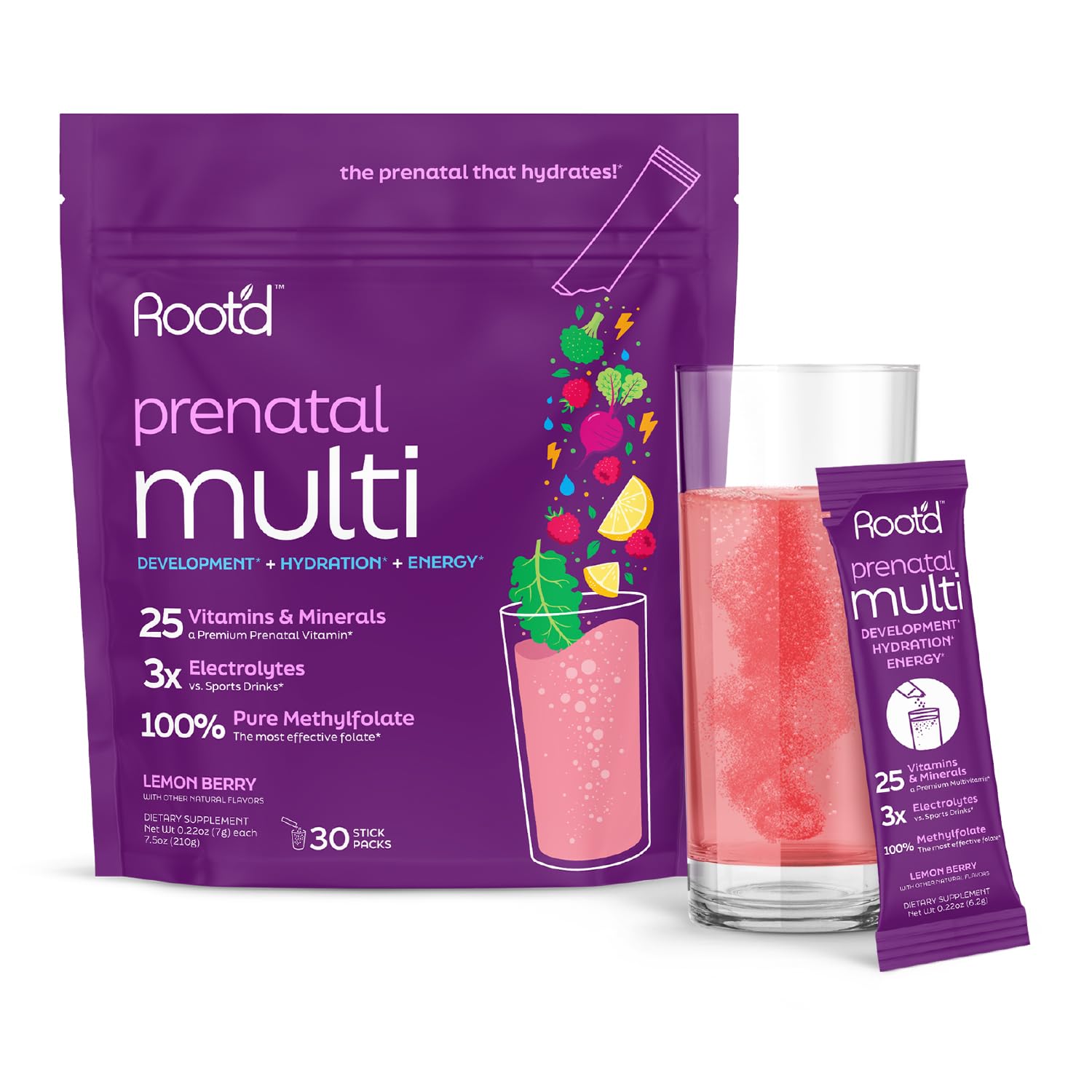 Root'd Prenatal Multivitamin Powder bottle shown for daily prenatal nutrition and hydration support