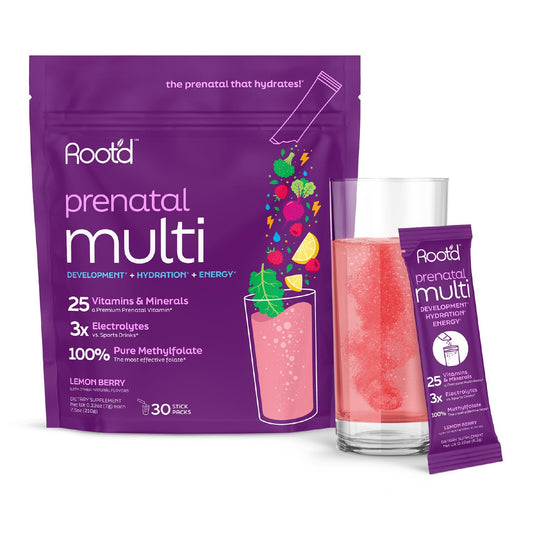 Root'd Prenatal Multivitamin Powder bottle shown for daily prenatal nutrition and hydration support